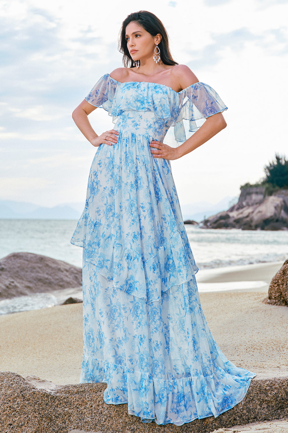 Wedtrend Women White Blue Flower Chiffon Long Bridesmaid Dress A-Line Off The Shoulder Tiered Wedding Guest Dress WEDTREND Wedtrend Women White Blue Flower Chiffon Long Bridesmaid Dress A-Line Off The Shoulder Tiered Wedding Guest Dress WEDTREND