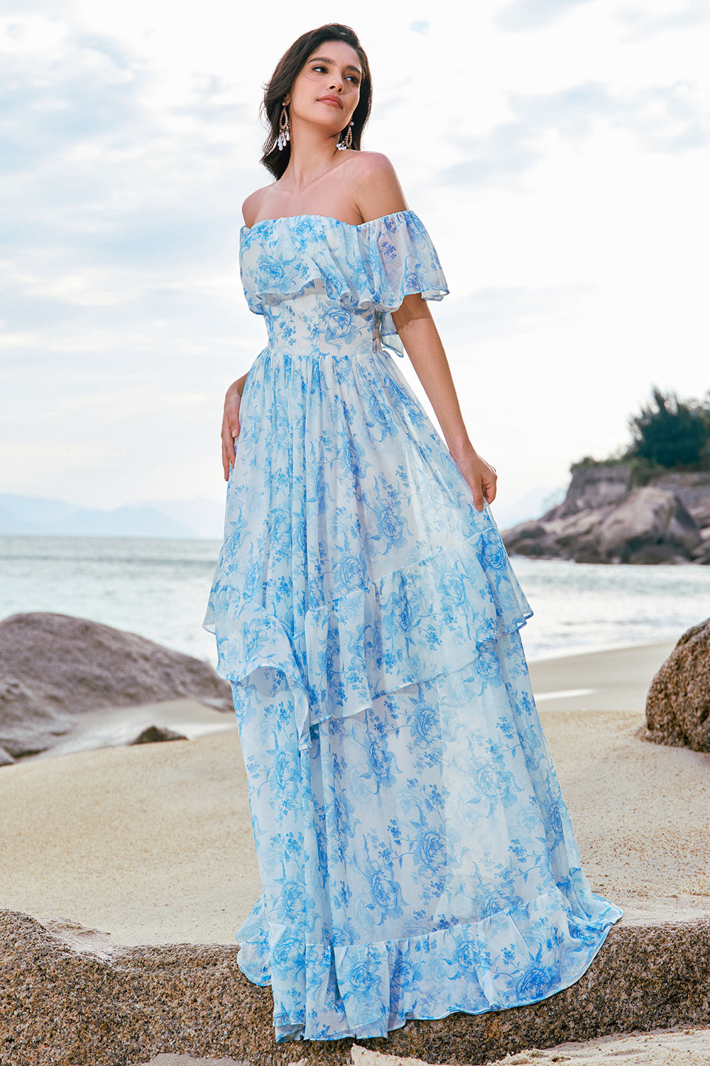 Wedtrend Women White Blue Flower Chiffon Long Bridesmaid Dress A-Line Off The Shoulder Tiered Wedding Guest Dress, Blue / US4 Wedtrend Women White Blue Flower Chiffon Long Bridesmaid Dress A-Line Off The Shoulder Tiered Wedding Guest Dress, Blue / US4