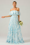 White Blue Floral Print A Line Off The Shoulder Tiered Bridesmaid Dress