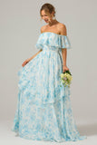 White Blue Floral Print A Line Off The Shoulder Tiered Bridesmaid Dress