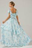 White Blue Floral Print A Line Off The Shoulder Tiered Maxi Dress