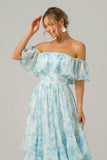 White Blue Floral Print A Line Off The Shoulder Tiered Bridesmaid Dress