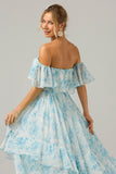 White Blue Floral Print A Line Off The Shoulder Tiered Bridesmaid Dress