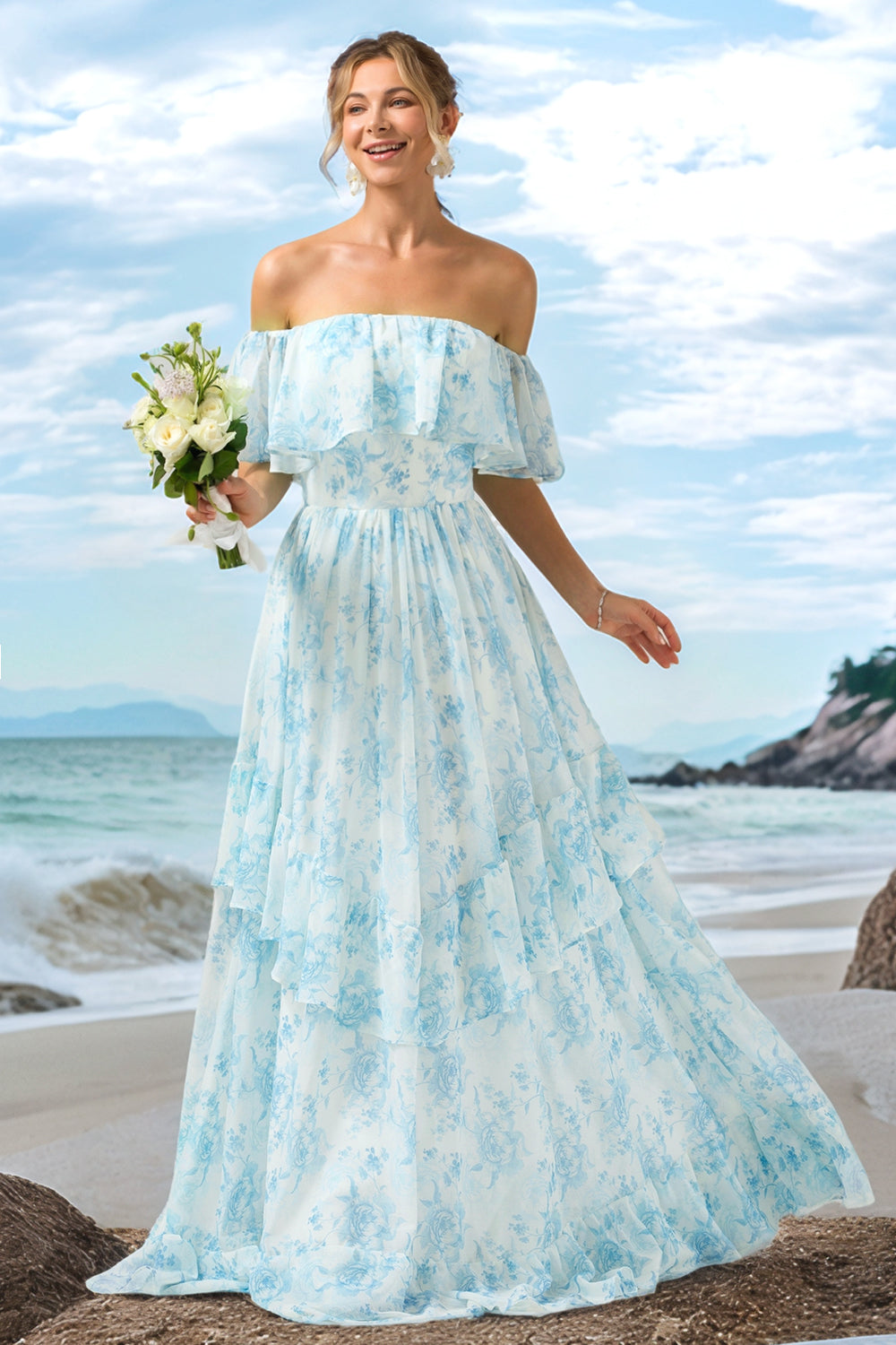 Wedtrend Women A Line Long Bridesmaid Dress Off The Shoulder White Blue Floral Tiered Wedding Guest Dress WEDTREND Wedtrend Women A Line Long Bridesmaid Dress Off The Shoulder White Blue Floral Tiered Wedding Guest Dress WEDTREND