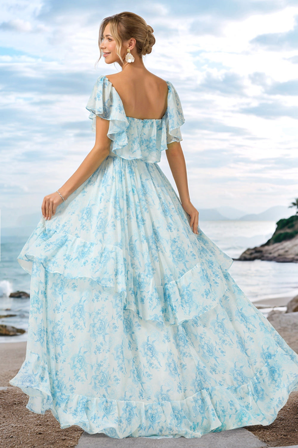 Wedtrend Women A Line Long Bridesmaid Dress Off The Shoulder White Blue Floral Tiered Wedding Guest Dress WEDTREND Wedtrend Women A Line Long Bridesmaid Dress Off The Shoulder White Blue Floral Tiered Wedding Guest Dress WEDTREND
