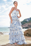 White Blue Flower A-Line Spaghetti Straps Tiered Corset Long Bridesmaid Dress