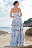 White Blue Flower A-Line Spaghetti Straps Tiered Corset Long Bridesmaid Dress