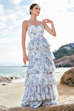 White Blue Flower A Line Spaghetti Straps Tiered Corset Maxi Dress