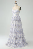 White Blue Flower A Line Spaghetti Straps Tiered Corset Maxi Dress