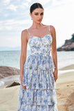 White Blue Flower A-Line Spaghetti Straps Tiered Corset Long Bridesmaid Dress