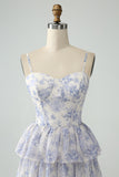 White Blue Flower A Line Spaghetti Straps Tiered Corset Maxi Dress