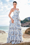 White Blue Flower A-Line Spaghetti Straps Tiered Corset Long Bridesmaid Dress