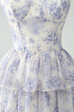 White Blue Flower A Line Spaghetti Straps Tiered Corset Maxi Dress