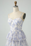 White Blue Flower A Line Spaghetti Straps Tiered Corset Maxi Dress