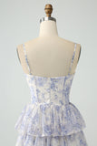 White Blue Flower A Line Spaghetti Straps Tiered Corset Maxi Dress