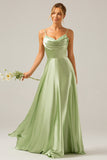 Dusty Sage A-Line Cowl Neck Spaghetti Straps Bridesmaid Dress With Sequins