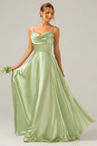 Dusty Sage A-Line Cowl Neck Spaghetti Straps Bridesmaid Dress With Sequins