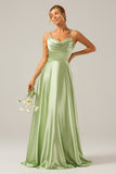 Dusty Sage A-Line Cowl Neck Spaghetti Straps Bridesmaid Dress With Sequins