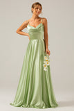Dusty Sage A-Line Cowl Neck Spaghetti Straps Bridesmaid Dress With Sequins