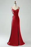Grey Blue Mermaid Spaghetti Straps Lace-up Back Bridesmaid Dress With Slit