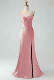 Grey Blue Mermaid Spaghetti Straps Lace-up Back Bridesmaid Dress With Slit