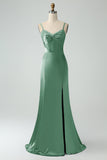 Grey Blue Mermaid Spaghetti Straps Lace-up Back Bridesmaid Dress With Slit