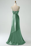 Grey Blue Mermaid Spaghetti Straps Lace-up Back Bridesmaid Dress With Slit
