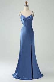 Grey Blue Mermaid Spaghetti Straps Lace-up Back Bridesmaid Dress With Slit
