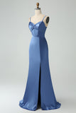Grey Blue Mermaid Spaghetti Straps Lace-up Back Bridesmaid Dress With Slit