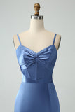 Grey Blue Mermaid Spaghetti Straps Lace-up Back Bridesmaid Dress With Slit
