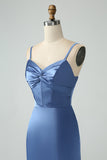 Grey Blue Mermaid Spaghetti Straps Lace-up Back Bridesmaid Dress With Slit