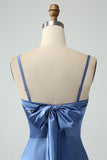 Grey Blue Mermaid Spaghetti Straps Lace-up Back Bridesmaid Dress With Slit
