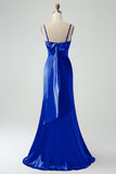 Grey Blue Mermaid Spaghetti Straps Lace-up Back Bridesmaid Dress With Slit