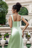 Green Mermaid Asymmetrical Pleated Satin Long Bridesmaid Dress