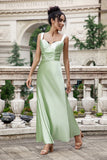 Green Mermaid Asymmetrical Pleated Satin Long Bridesmaid Dress