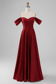 Burgundy A-Line Off The Shoulder Pleated Satin Long Bridesmaid Dress