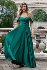 A Line Off The Shoulder Pleated Satin Long Dark Green Bridesmaid Dress