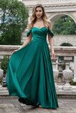 A Line Off The Shoulder Pleated Satin Long Dark Green Bridesmaid Dress