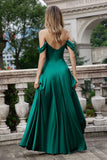 A Line Off The Shoulder Pleated Satin Long Dark Green Bridesmaid Dress