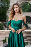 A Line Off The Shoulder Pleated Satin Long Dark Green Bridesmaid Dress