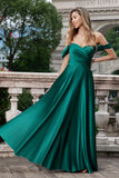 A Line Off The Shoulder Pleated Satin Long Dark Green Bridesmaid Dress