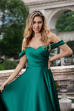 A Line Off The Shoulder Pleated Satin Long Dark Green Bridesmaid Dress