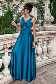 Ink Blue A Line V Neck Cut Out Pleated Satin Wedding Party Guest Dress