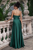 Dark Green A Line Sweetheart Satin Cut Out Pleated Long Wedding Party Guest Dress