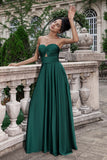 Dark Green A Line Sweetheart Satin Cut Out Pleated Long Wedding Party Guest Dress