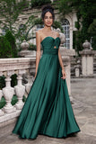 Dark Green A Line Sweetheart Satin Cut Out Pleated Long Wedding Party Guest Dress