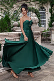 Dark Green A Line Sweetheart Satin Cut Out Pleated Long Wedding Party Guest Dress