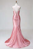 Blush Mermaid Spaghetti Straps Pleated Lace Up Satin Prom Dress with Slit