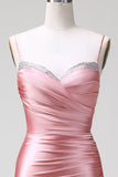 Blush Mermaid Spaghetti Straps Pleated Lace Up Satin Prom Dress with Slit