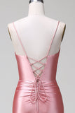 Blush Mermaid Spaghetti Straps Pleated Lace Up Satin Prom Dress with Slit